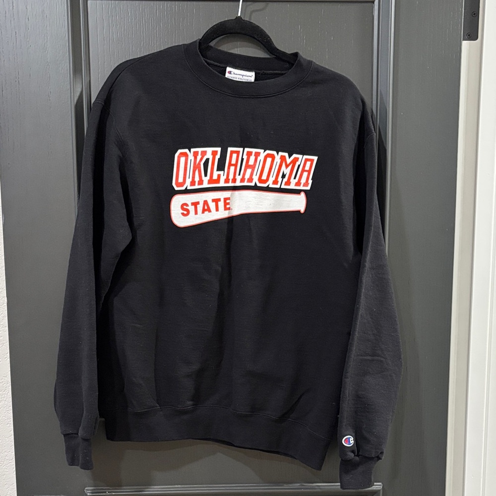 Champion Black Crewneck Sweater with Red and White Print